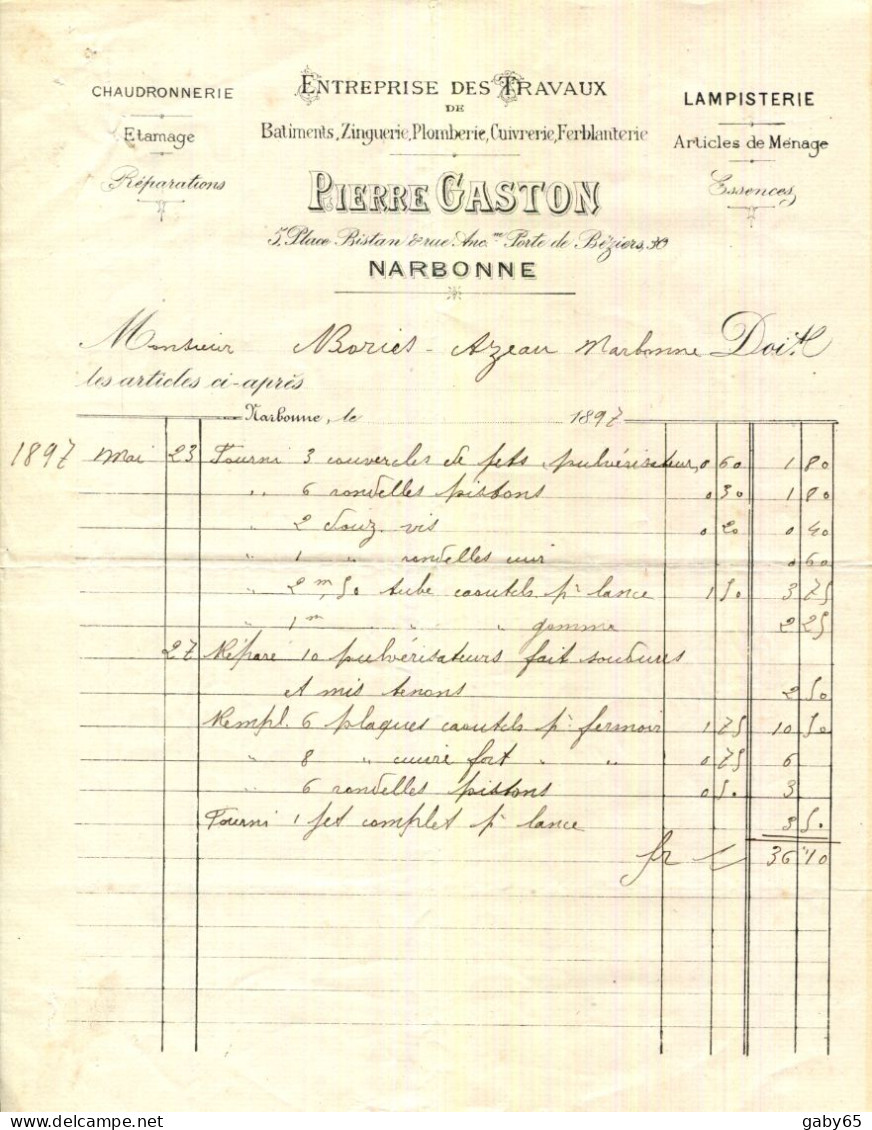 FACTURE.11.AUDE.NARBONNE.ZINGUERIE.PLOMBERIE.FERBLANTERIE.LAMPISTERIE.PIERRE GASTON 5 PLACE BISTAN. - Petits Métiers