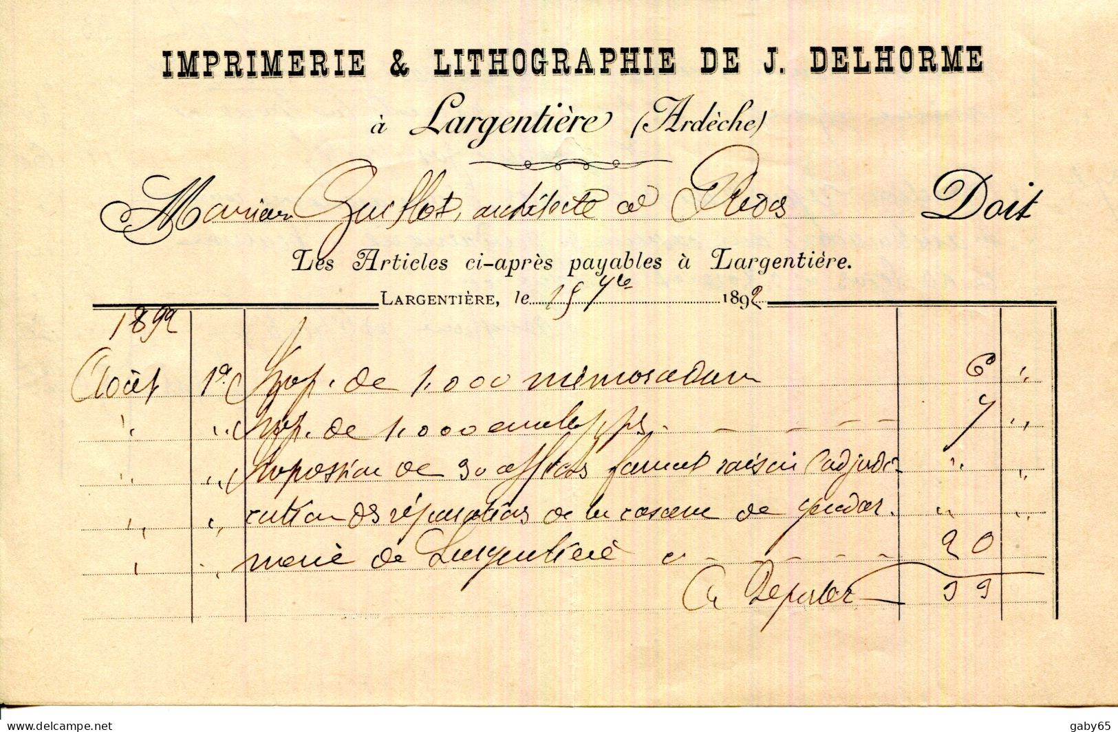 FACTURE.07.ARDECHE.JOYEUSE.IMPRIMERIE & LITHOGRAPHIE DE J.DELHORME. - Imprimerie & Papeterie