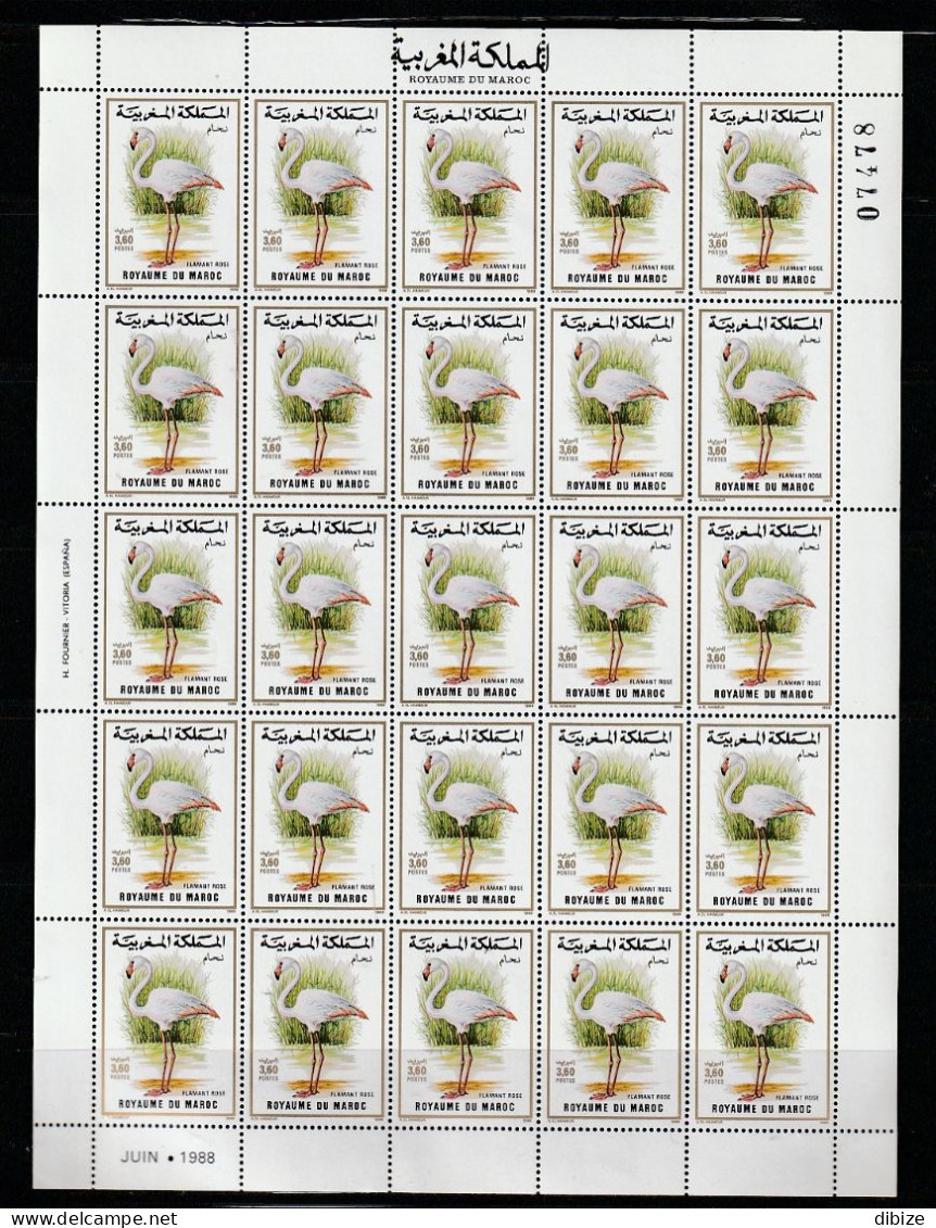 Maroc. Feuille De 25 Timbres. Faune. Oiseaux. Flamant Rose. Yvert N° 1057. 1988. - Flamingo