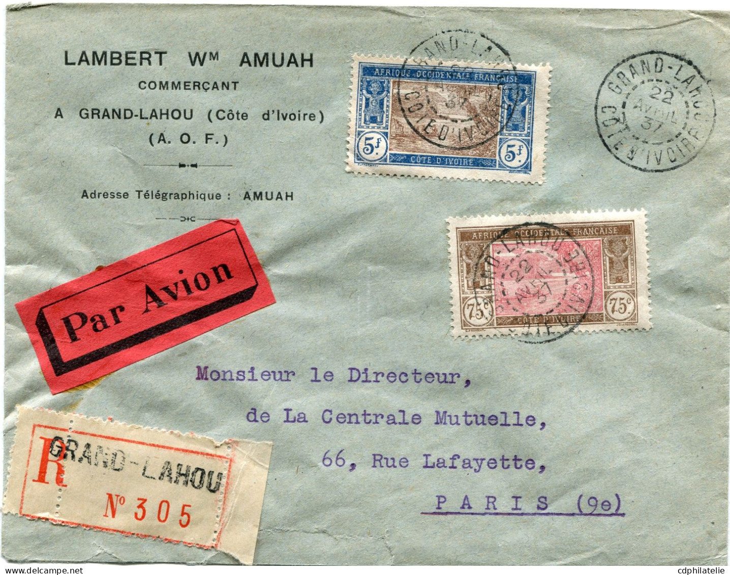 COTE D'IVOIRE LETTRE RECOMMANDEE PAR AVION DEPART GRAND-LAHOU 22 AVRIL 37 COTE D'IVOIRE POUR LA FRANCE - Lettres & Documents