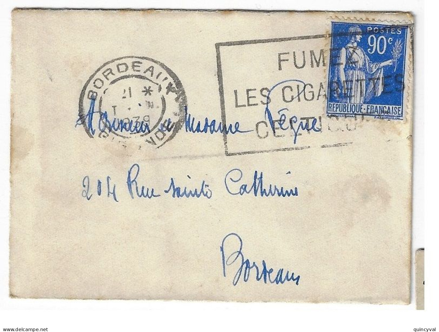 BORDEAUX Enveloppe Carte De Visite Mignonnette 90c Paix Yv 368 Ob Meca 1939 Fumez Cigarettes Celtiques - Cartas & Documentos