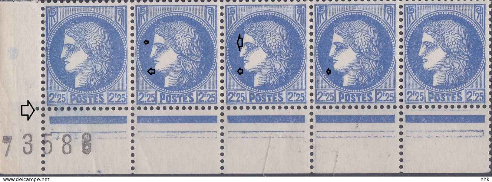 V8636 Variétés :  N° 374 Type Cérès Perles Absentes Et Défaut D'essuyage Tenant à Normal Dans Une Bande De 5 ** - Unused Stamps