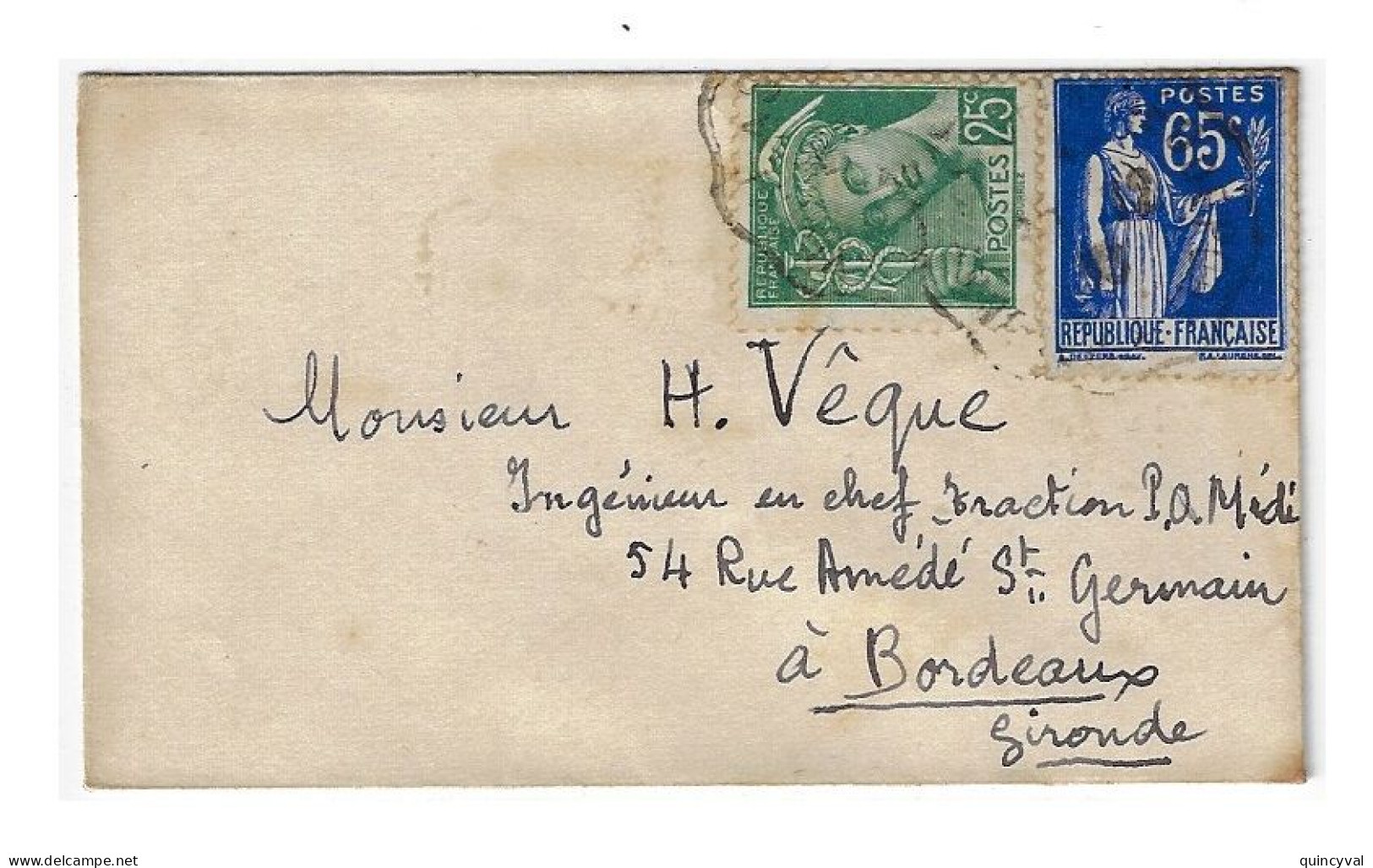 Enveloppe Carte De Visite Mignonnette 25c Mercure Vert 65c Paix Bleu Yv 365 411 - Covers & Documents