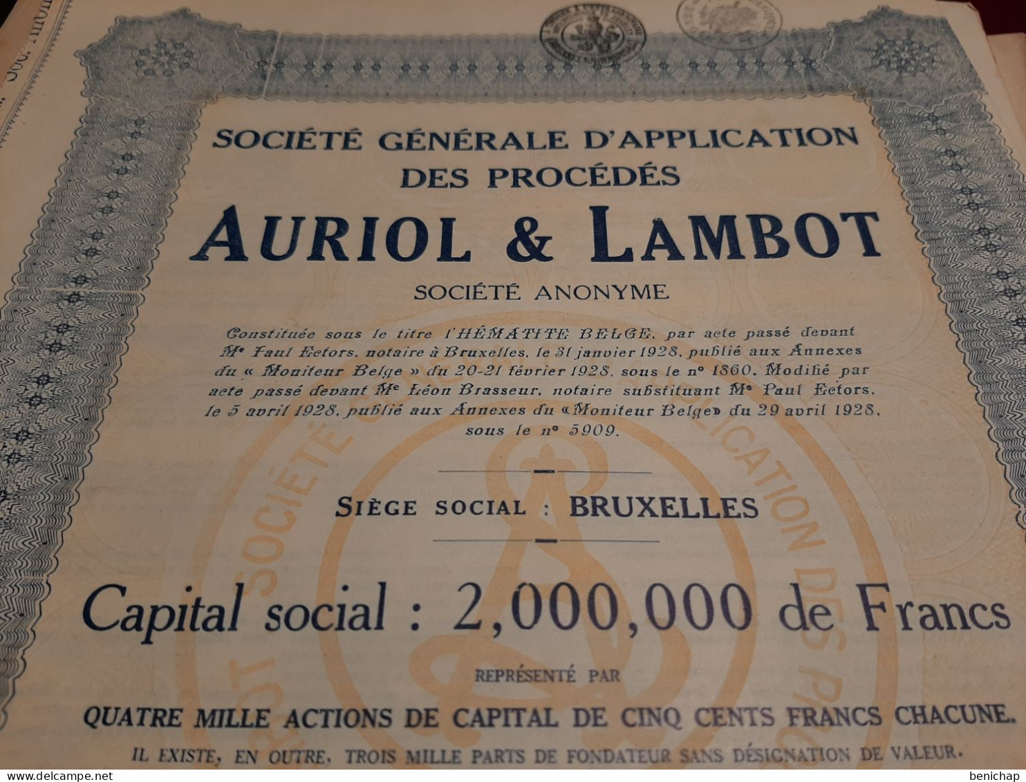 Société Générale D'Application Des Procédés Auriol & Lambot S.A. - Action De Capital De 500 Frs. Au Porteur - Avril 1928 - Industrie