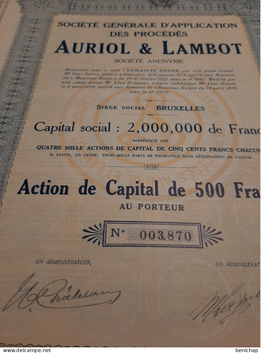 Société Générale D'Application Des Procédés Auriol & Lambot S.A. - Action De Capital De 500 Frs. Au Porteur - Avril 1928 - Industrie