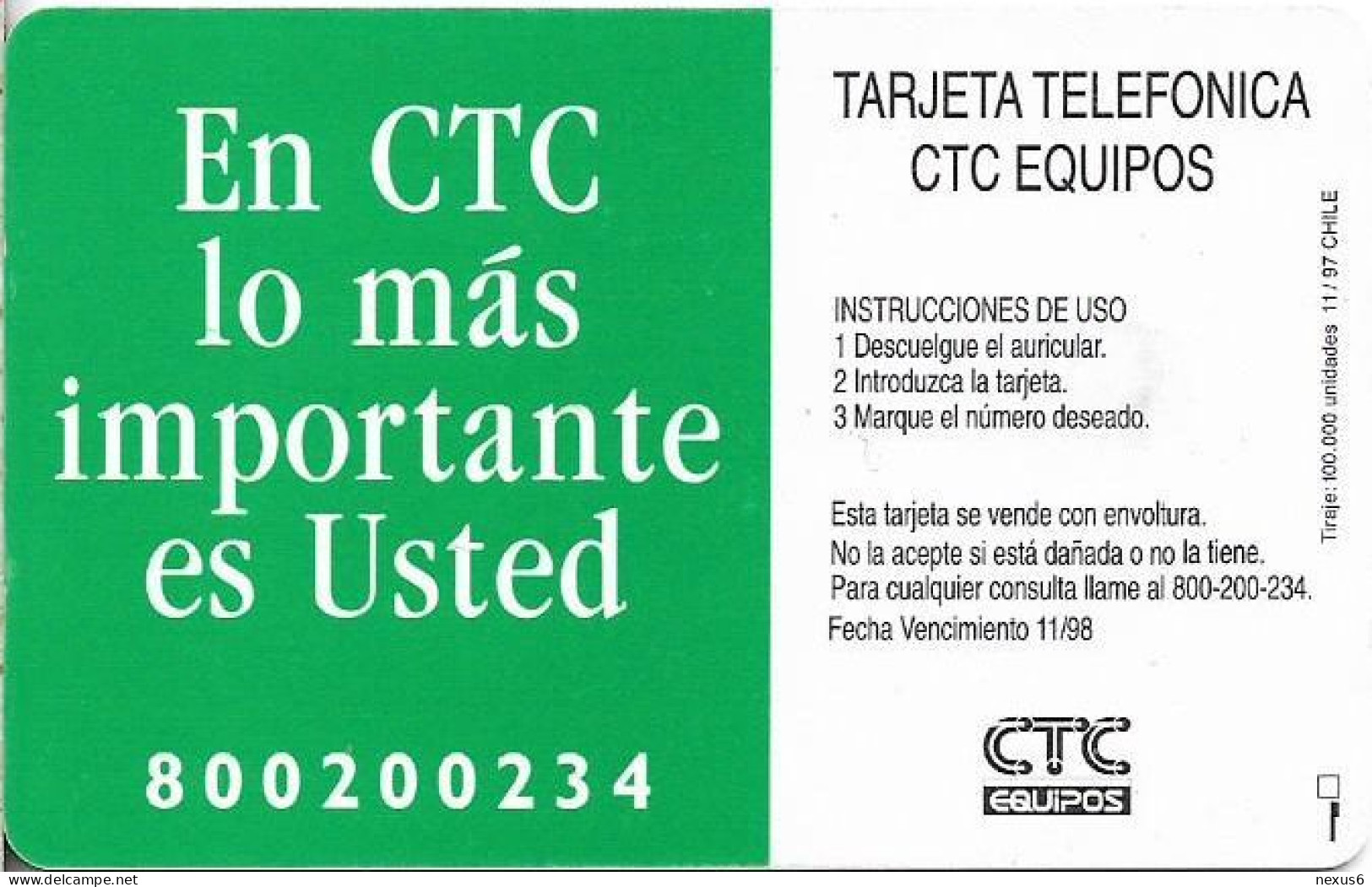 Chile - CTC - Estero Marga Marga (1st Issue), Gem1B White/Gold, With Moreno On Reverse, 11.1997, 2.000Cp$, 100.000ex, Us - Chile