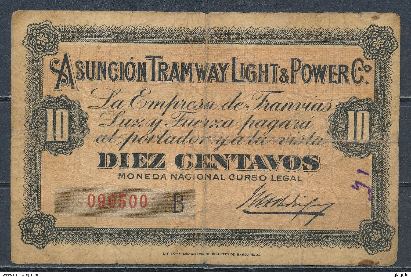 °°° PARAGUAY - ASUNCION TRAMWAY LIGHT POWER 10 CENTAVOS 1913 °°° - Paraguay