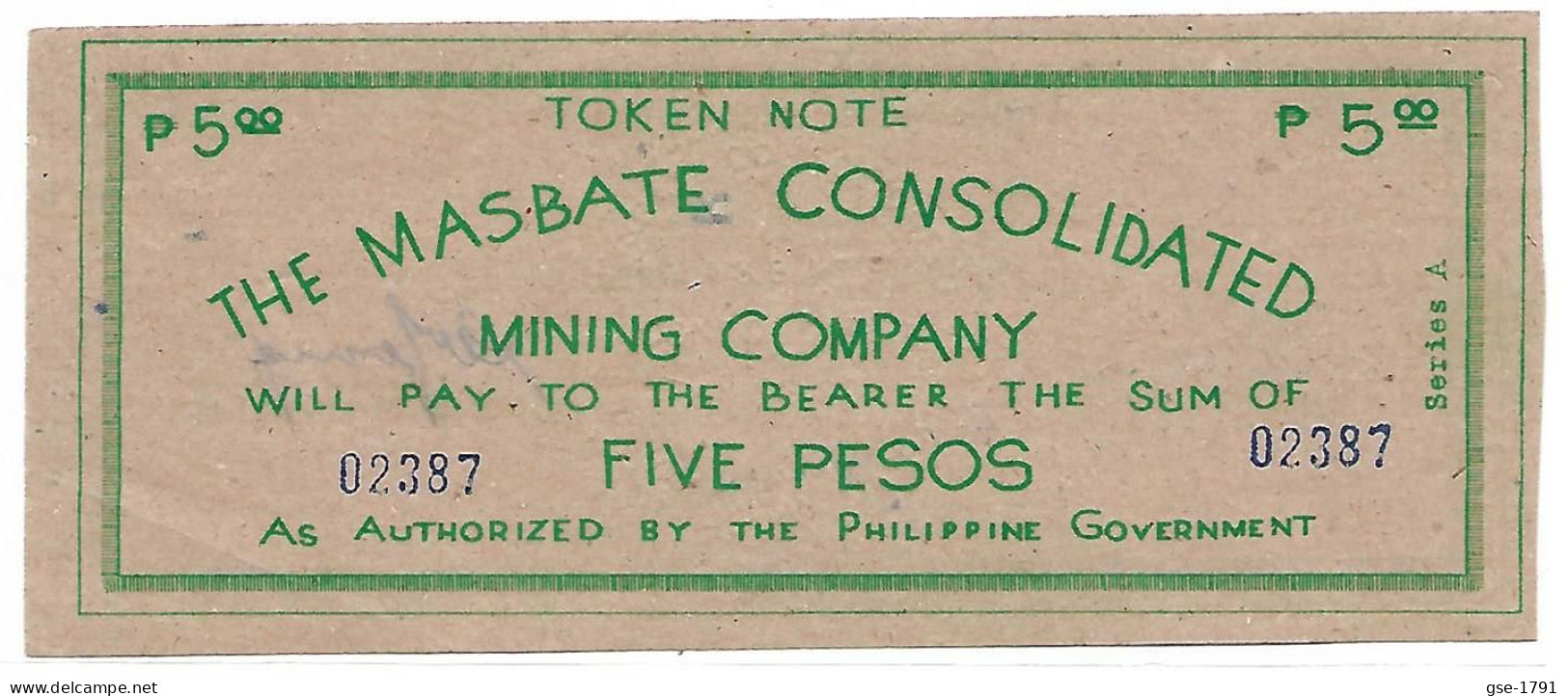 PHILIPPINES MASBATE Province MASbate MINING 5 Pesos ,rare Billet De MASBATE MINING  NEUF - Philippines