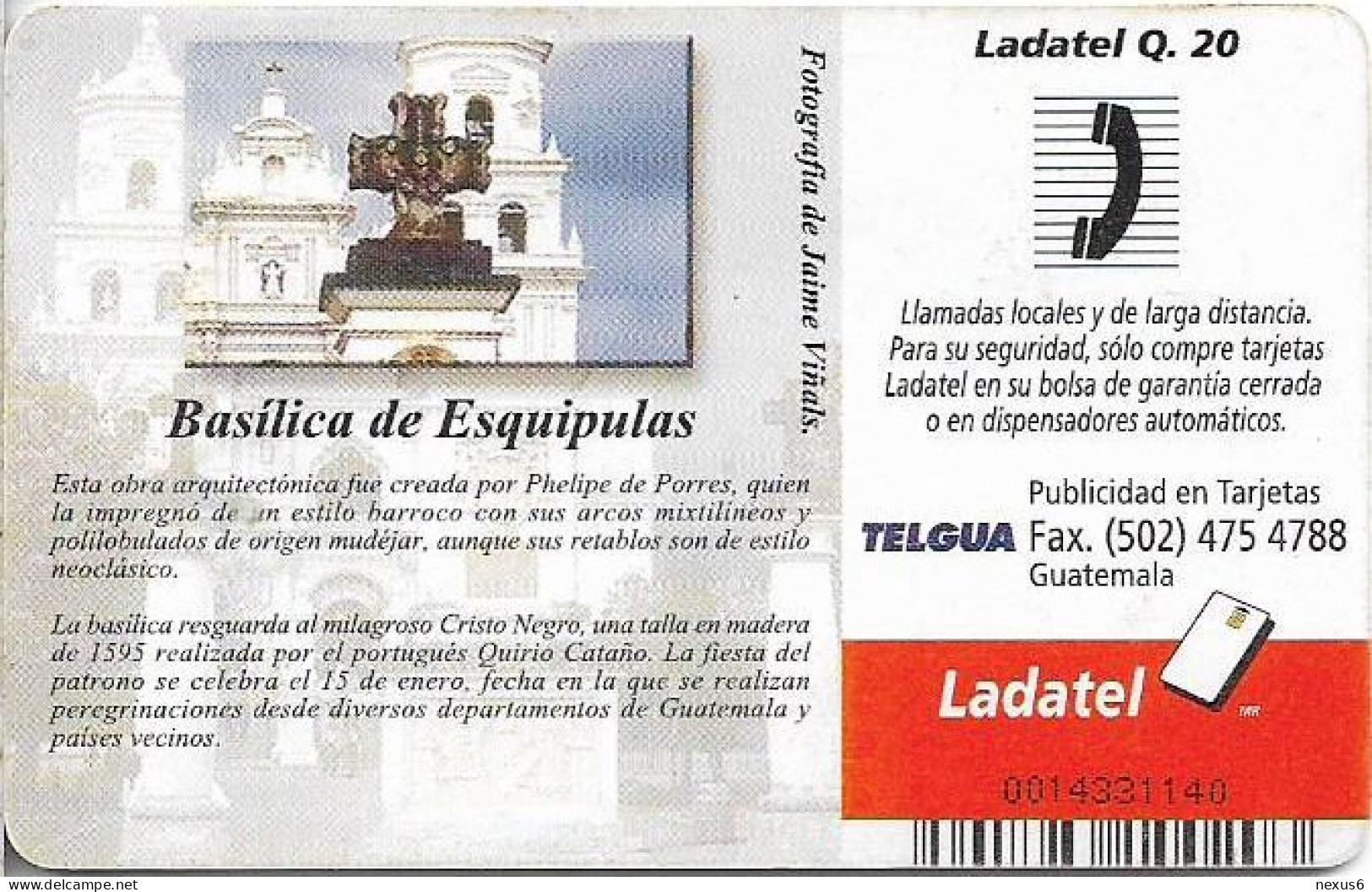 Guatemala - Telgua Ladatel - Basilica Of Esquipulas, Gem5 Red, 2002, 20Q, Used - Guatemala