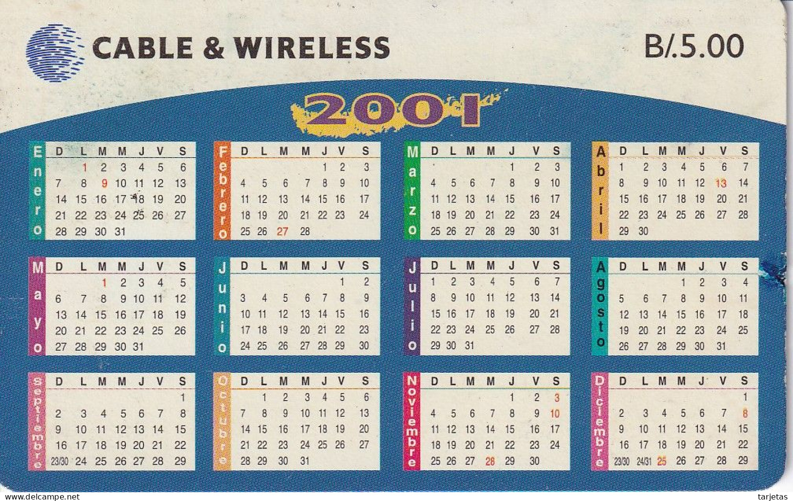 TARJETA DE PANAMA DE CABLE WIRELESS CALENDARIO 2001 - Panama