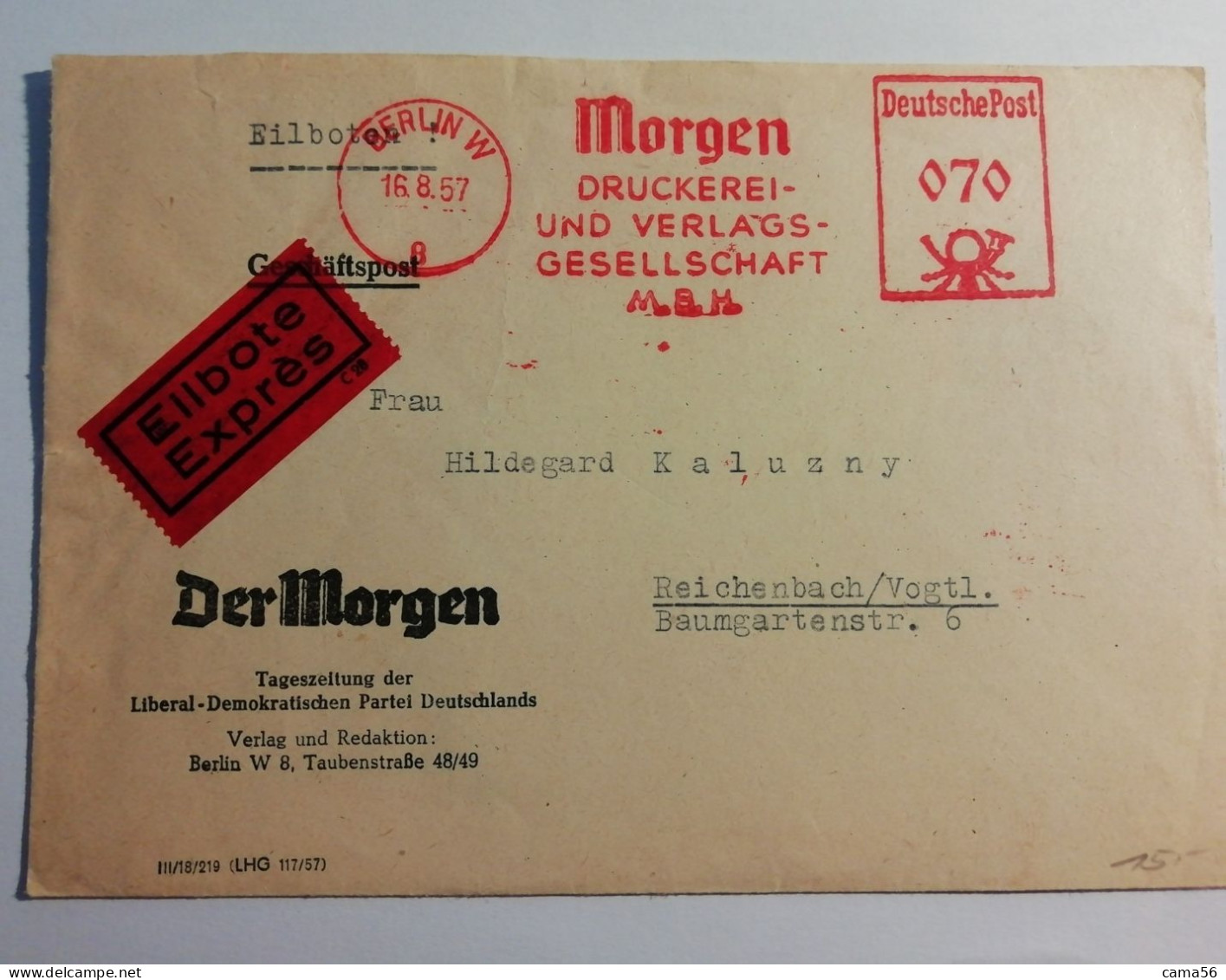 Germania - Berlin W - Morgen 16.08.1957 - Maschinenstempel (EMA)