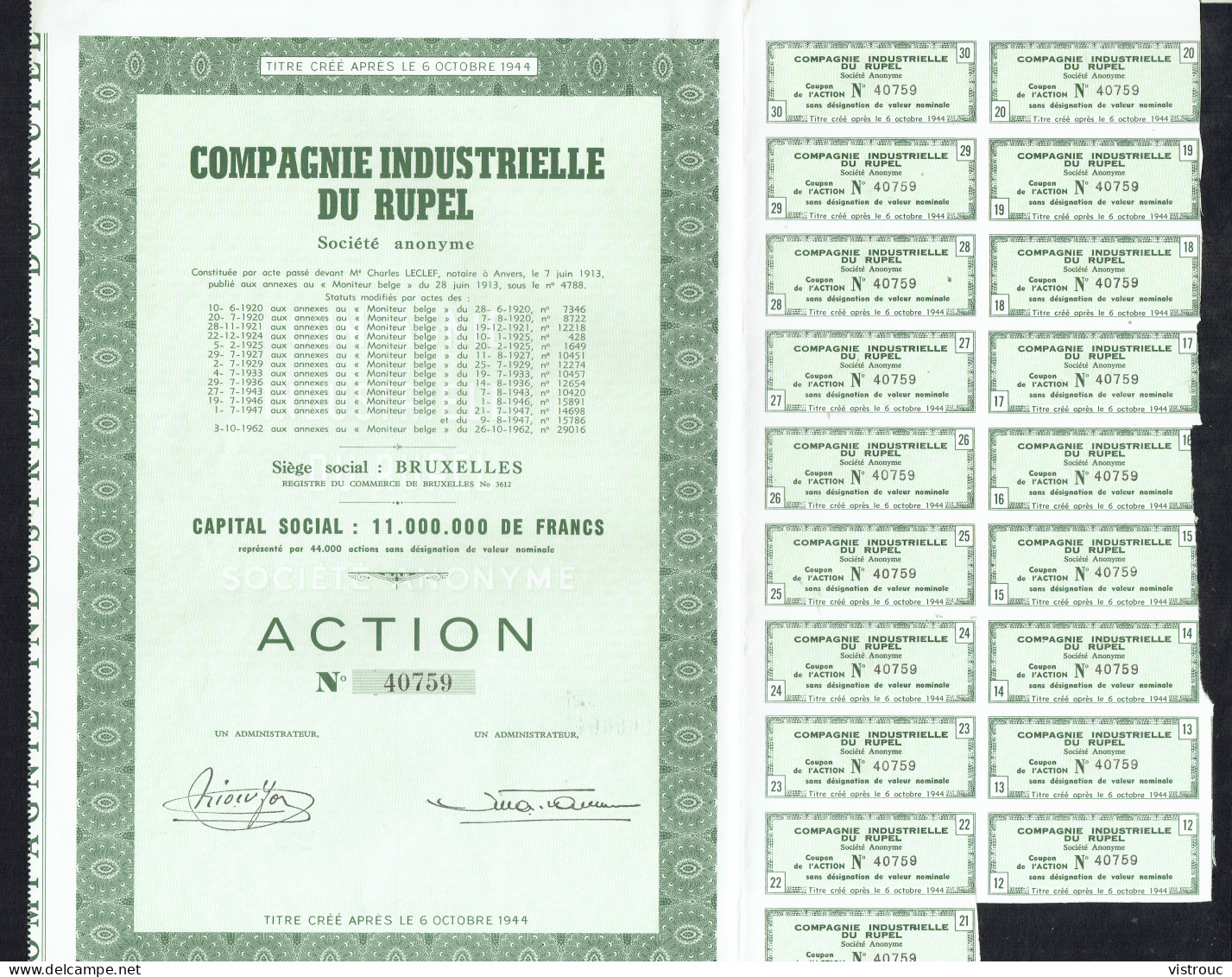 COMPAGNIE INDUSTRIELLE DU RUPEL - Action N° 40756 - BE - Boom - 1913 - CONSTRUCTION - Capital: 11.000.000 FB - Verkehr & Transport