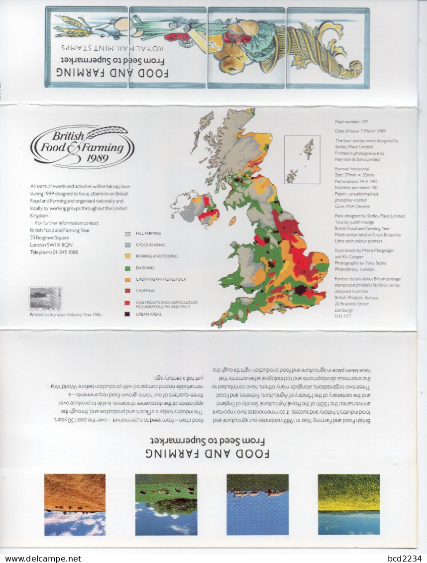 GB GREAT BRITAIN 1989 FOOD AND FARMING YEAR PRESENTATION PACK No 197 +ALL INSERTS DAIRY MEAT CEREAL FRUIT VEGETABLES - Agriculture
