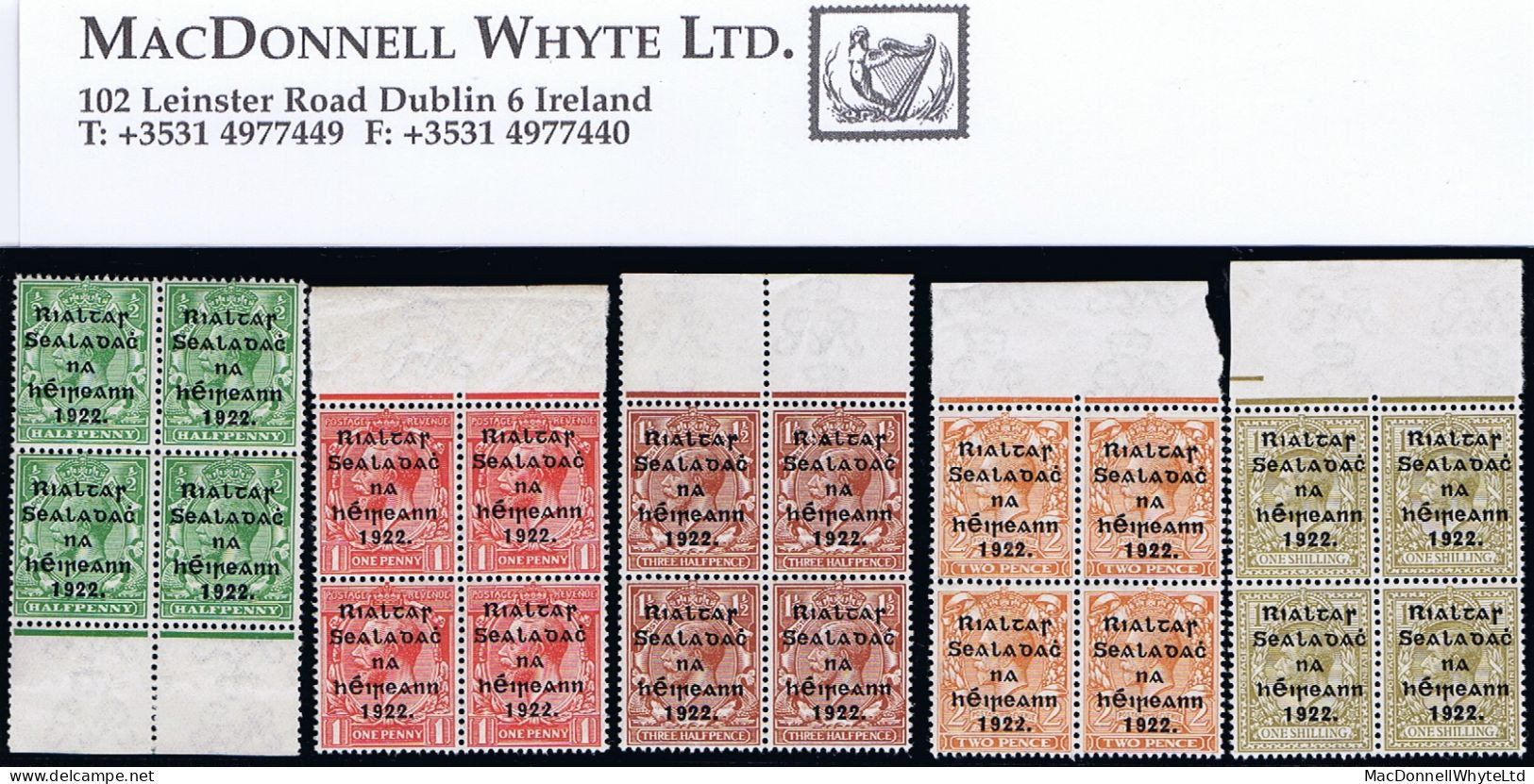 Ireland 1922 (Nov-Dec) Thom Rialtas 5-line Wide Overprint, Set Of 5 In Marginal Blocks Of 4 Fresh Mint Unmounted - Neufs