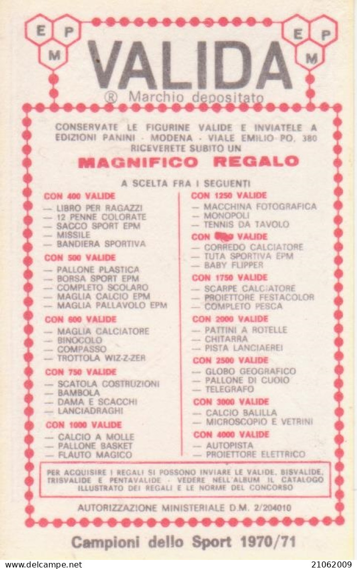 46 LOTTA - GIUSEPPE BOGNANNI - VALIDA - CAMPIONI DELLO SPORT PANINI 1970-71 - Tarjetas