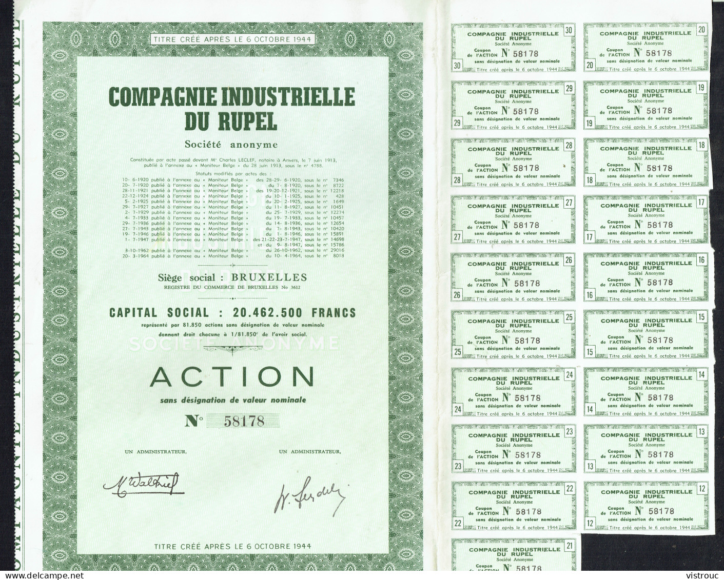 COMPAGNIE INDUSTRIELLE DU RUPEL - Action N° 58178 - BE - Boom - 1913 - CONSTRUCTION - Capital: 20.462.500 FB - Transporte