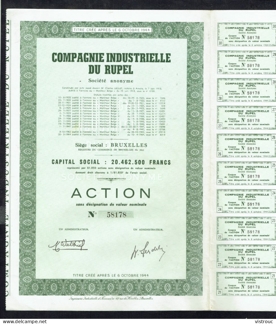 COMPAGNIE INDUSTRIELLE DU RUPEL - Action N° 58178 - BE - Boom - 1913 - CONSTRUCTION - Capital: 20.462.500 FB - Transport