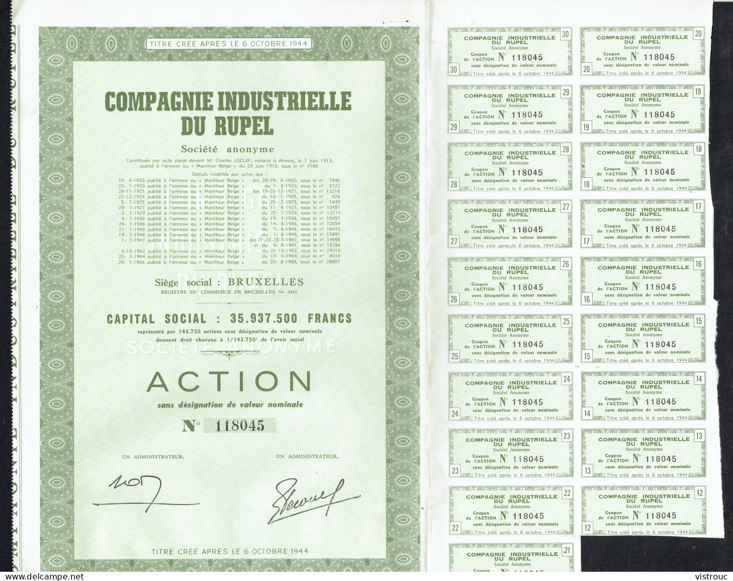 COMPAGNIE INDUSTRIELLE DU RUPEL - Action N° 118045 - BE - Boom - 1913 - CONSTRUCTION - Capital: 35.937.500 FB - Transports