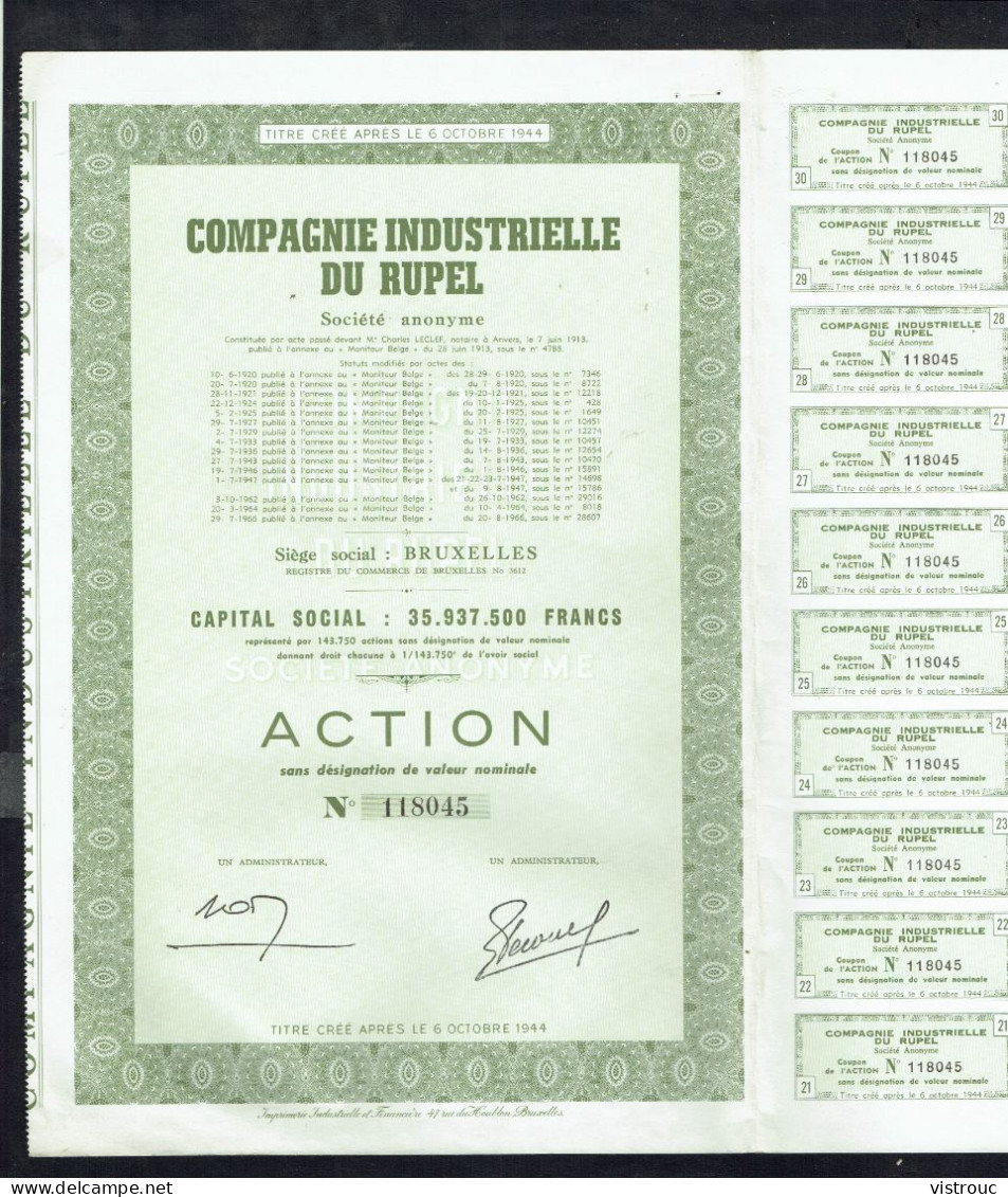 COMPAGNIE INDUSTRIELLE DU RUPEL - Action N° 118045 - BE - Boom - 1913 - CONSTRUCTION - Capital: 35.937.500 FB - Transports