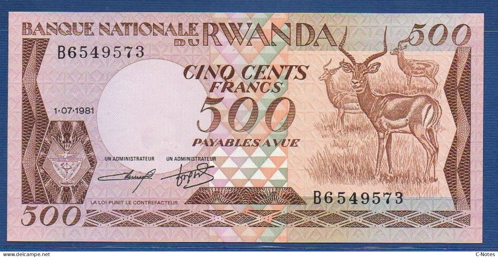 RWANDA - P.16 – 500 FRANCS 1981 UNC,  S/n B6549573 - Ruanda