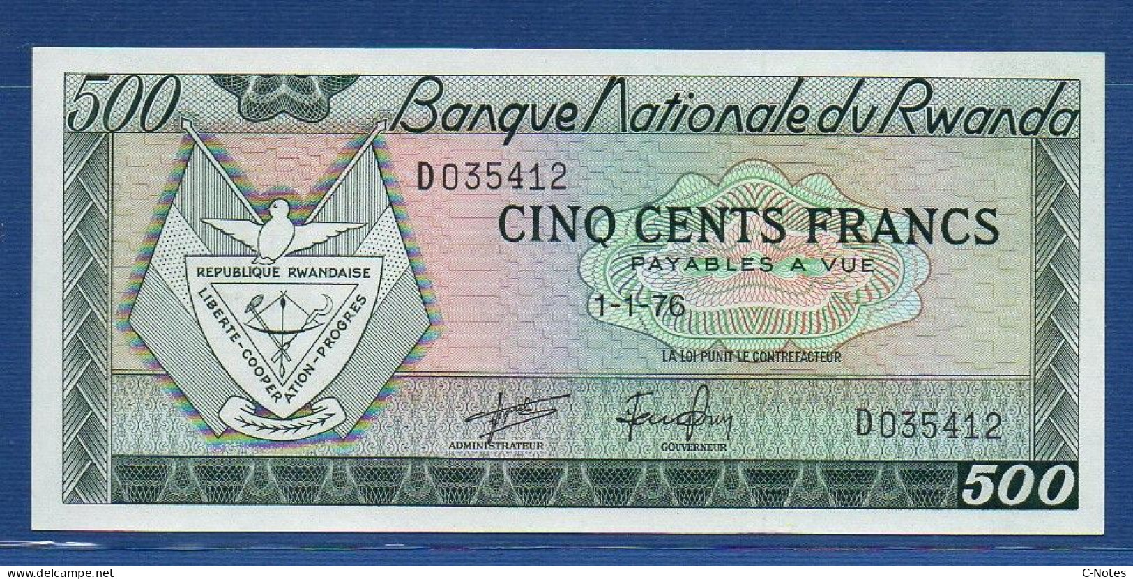 RWANDA - P. 9b – 500 FRANCS 1976 UNC,  S/n D035412 - Ruanda