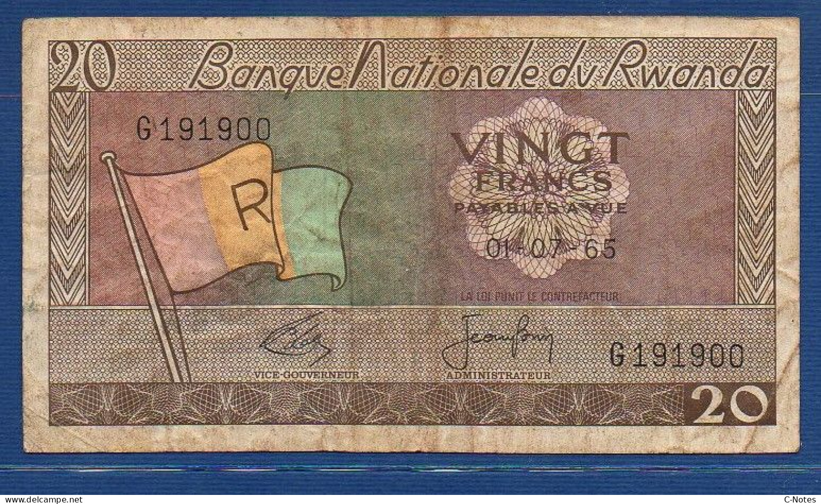 RWANDA - P. 6b – 20 FRANCS 1965 VG/F,  S/n G191900 - Ruanda