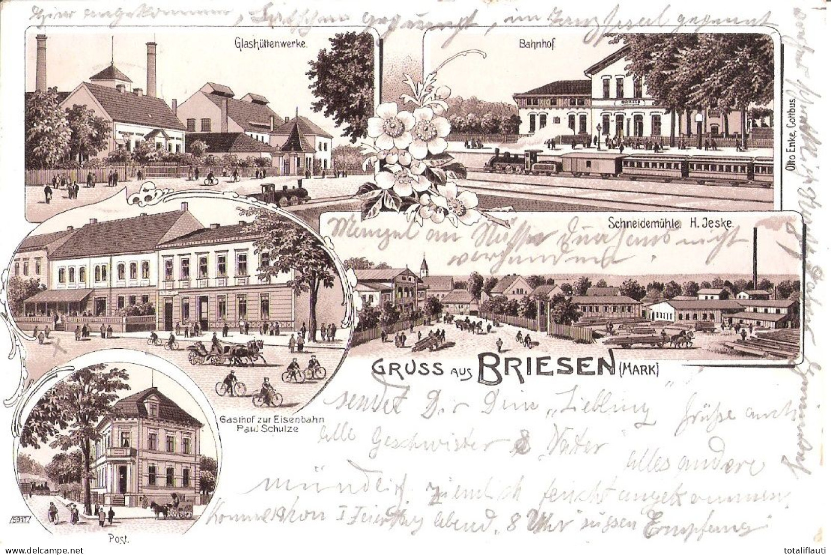 Gruss Aus BRIESEN Mark Braun Litho Bahnhof Glashüttenwerke Schneidemühle Post Gasthof Zur Eisenbahn 30.6. 1905 Gelaufen - Briesen