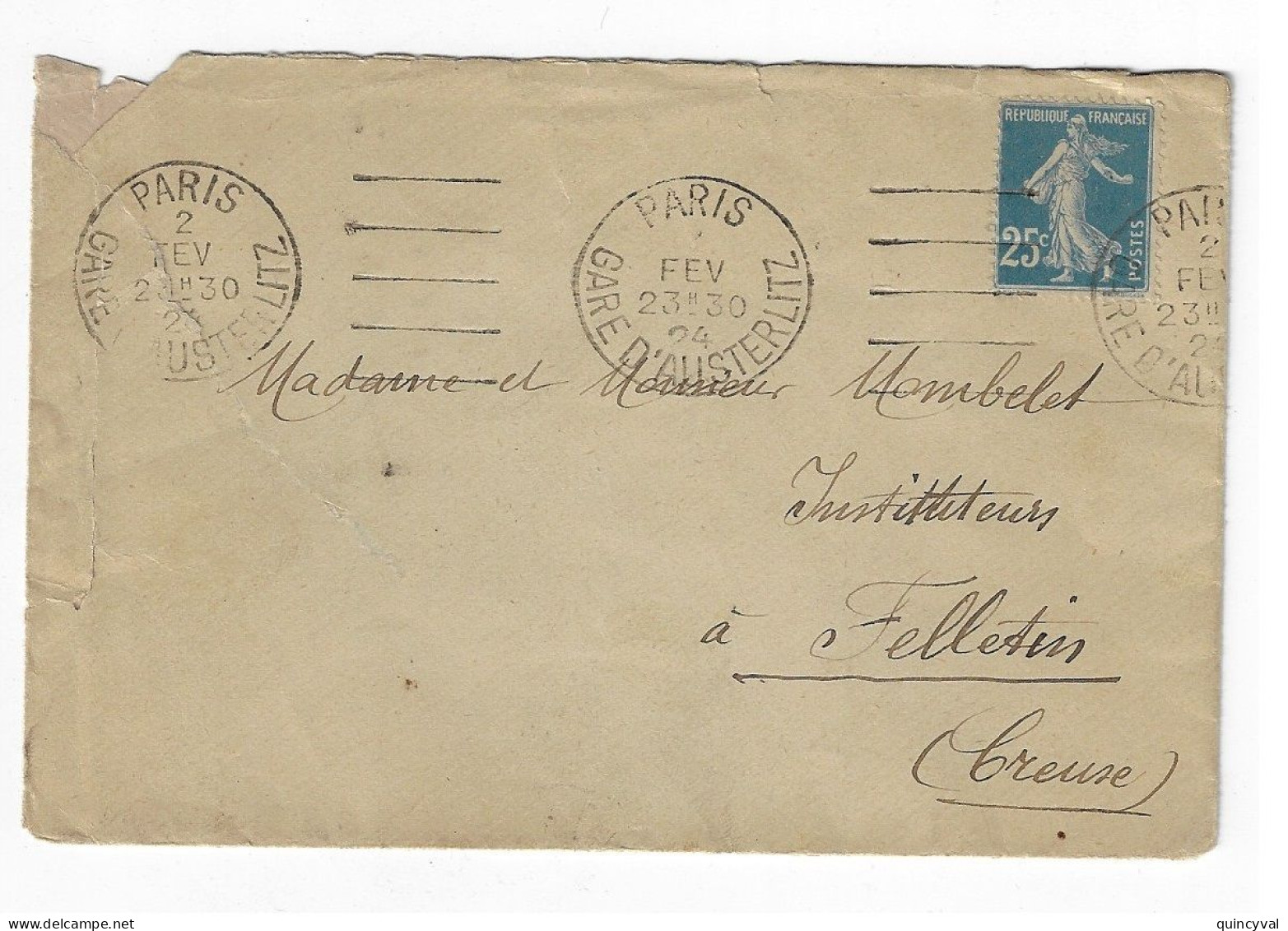 PARIS GARE D'AUSTERLITZ Lettre 25c Semeuse Yv 140  Ob Meca GARCIA  5 Lignes Dest Creuse Felletin  Env Mal Ouverte - Mechanical Postmarks (Other)