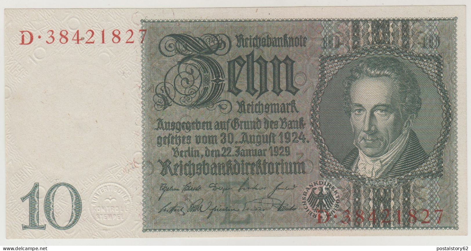 Germany 10 Reichsmark Banknote Deutsches Reich  # 180 A  - 22/01/1929 Unc - 10 Mark