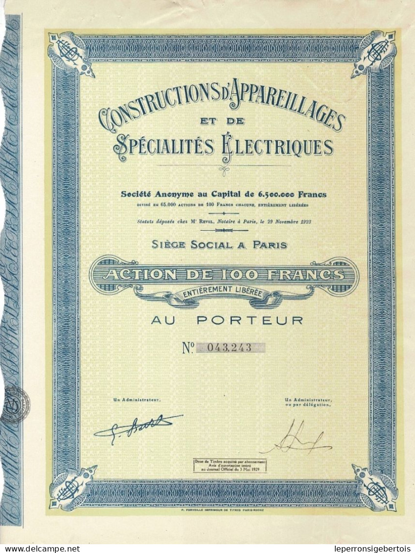 - Titre De 1923 - Constructions D'Appareillages Et De Spécialités Electriques - - Elettricità & Gas