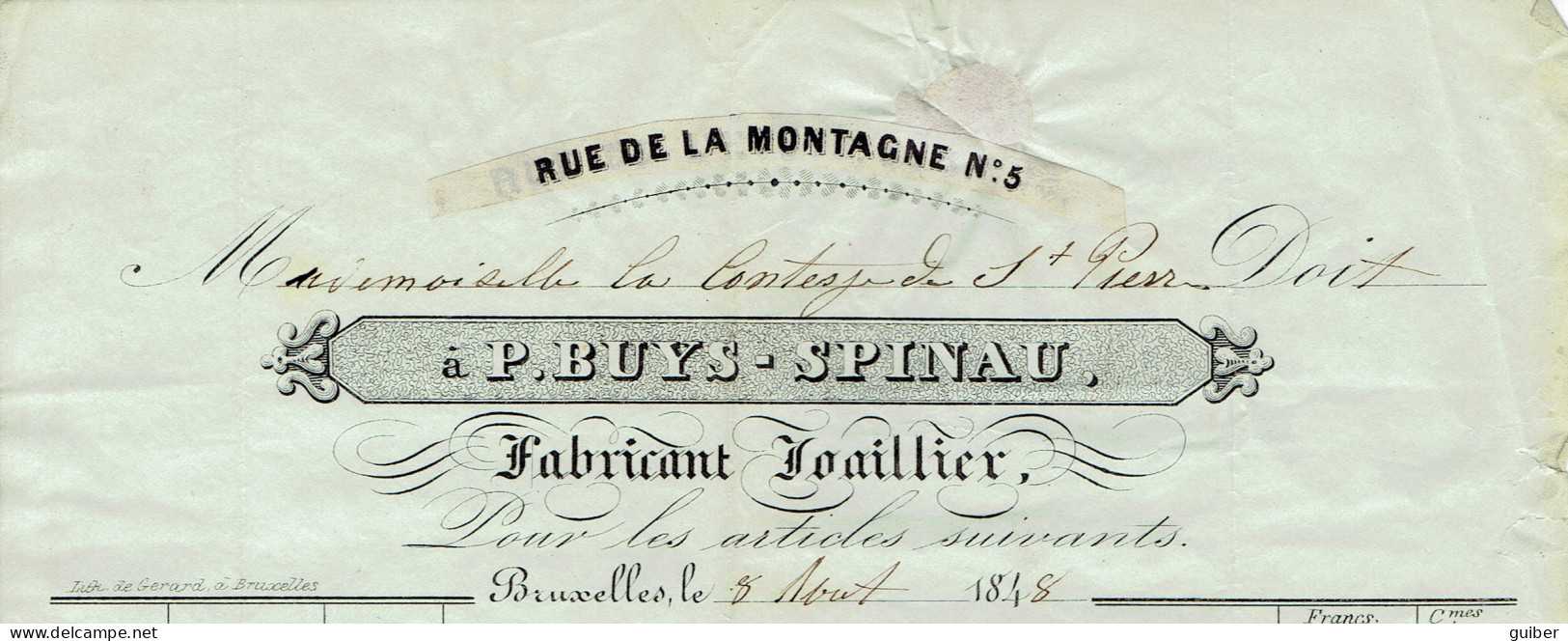 Ancienne Facture Frabricant Joaillier Rue De La Montagne 5 Bruxelles 1848, Melle La Comtesse De Saint Pierre - 1800 – 1899