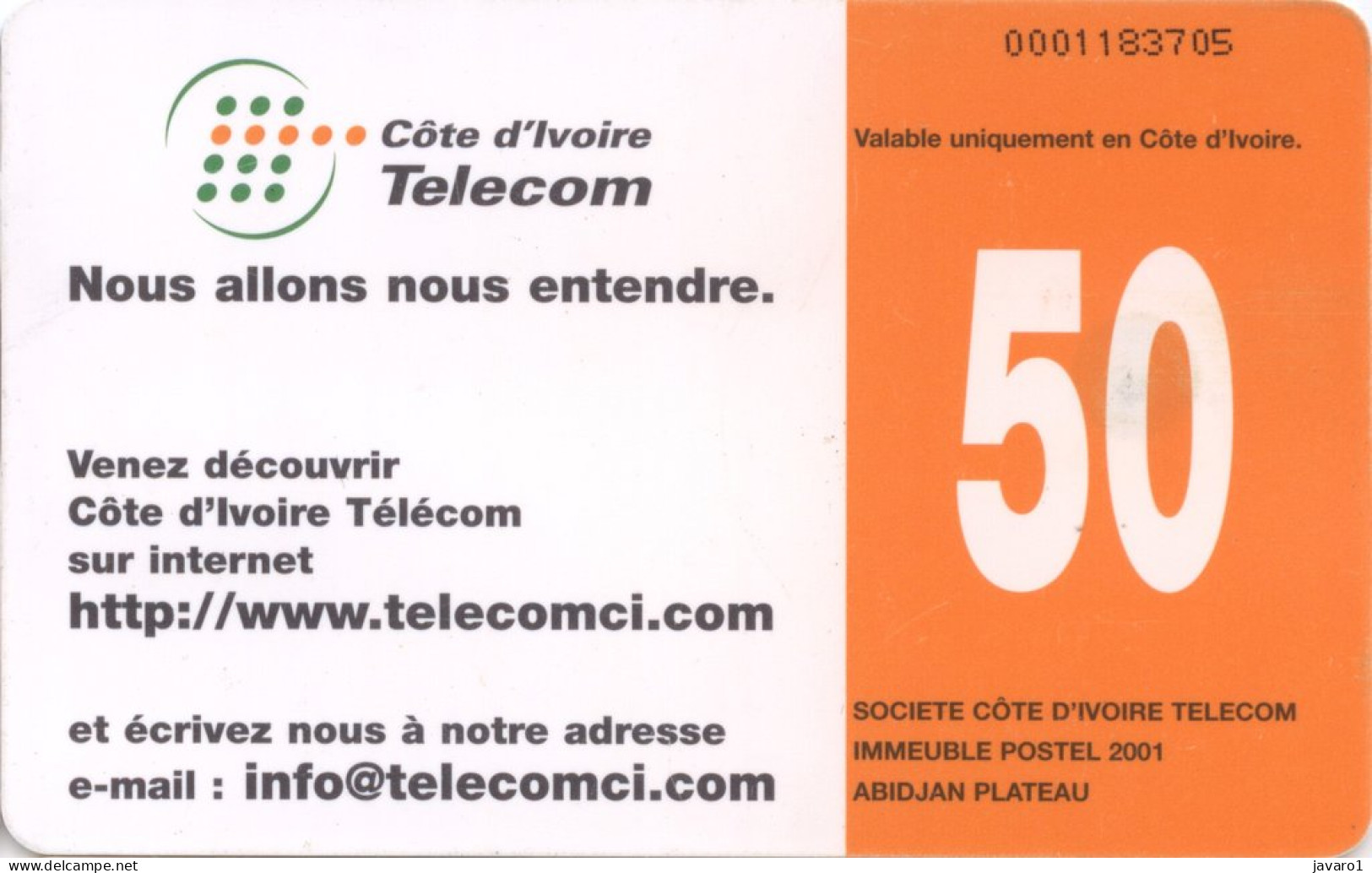 IVORY-COAST : CIT-0029A  50 Cote D'Ivoire Telecom Sur Internet ( Batch: 0001165112) USED - Costa De Marfil