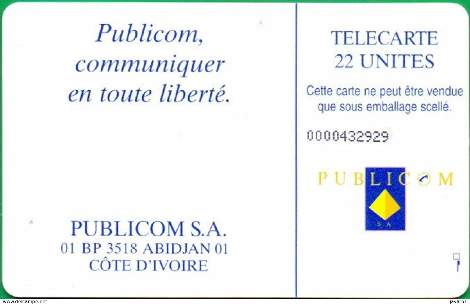 IVORY-COAST : PUB-0006 Logo 22 ( Batch: 0000520677) USED - Côte D'Ivoire