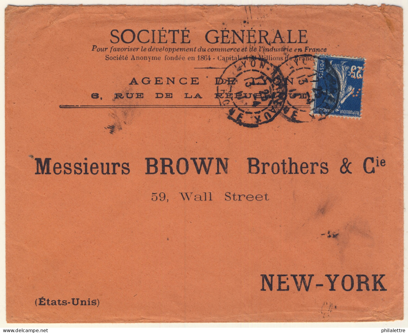 FRANCE - 1911 - Yv.140 25c Bleu Perforé SG Sur LSC De La Société Générale, Agence De Lyon Pour New-York - Briefe U. Dokumente