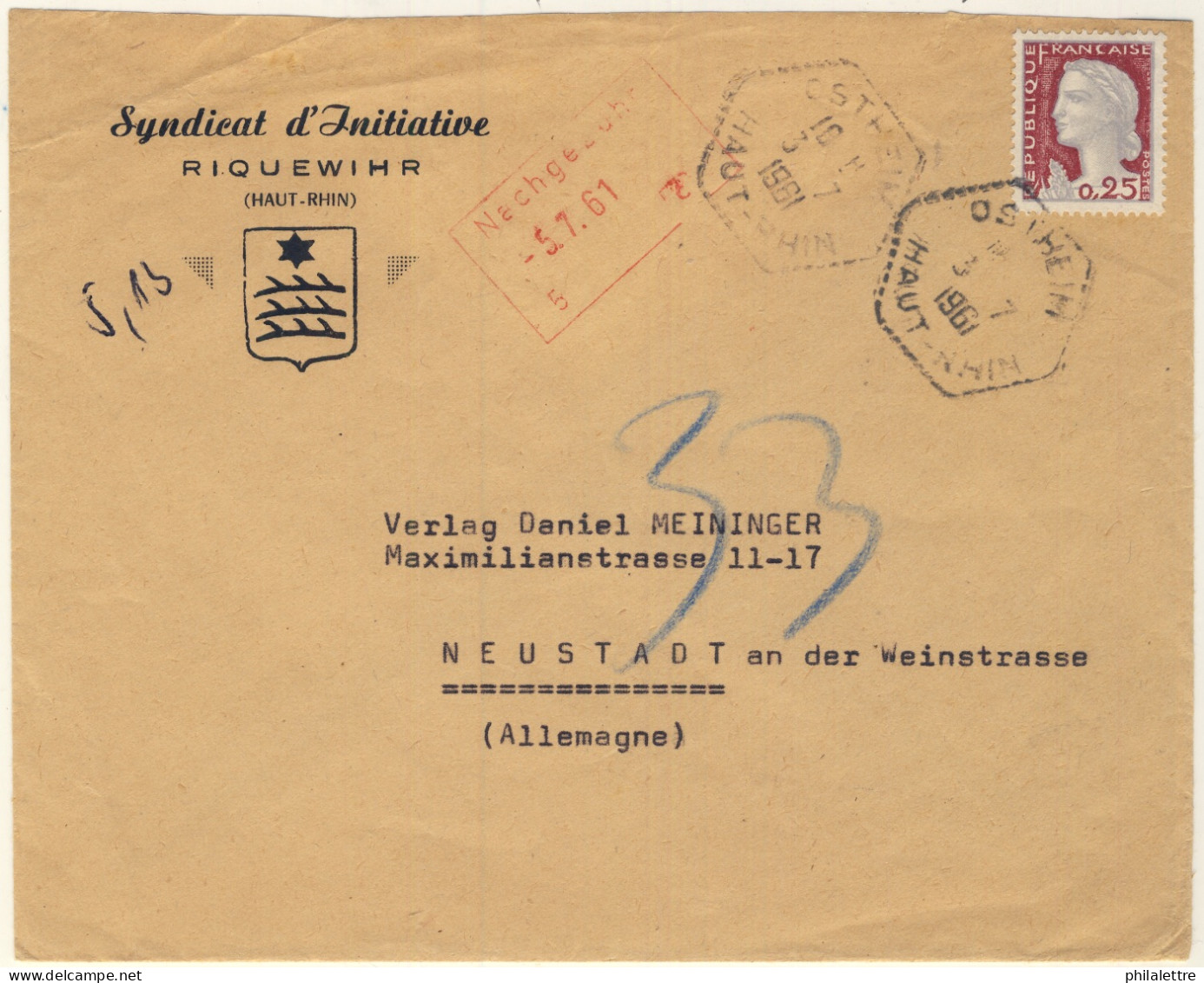 FRANCE - 1961- Yv.1263 Obl. "OSTHEIM / HAUT-RHIN" TàD Agence Postale Rurale Sur LSC Pour NEUSTADT, Allemagne - 1961-....