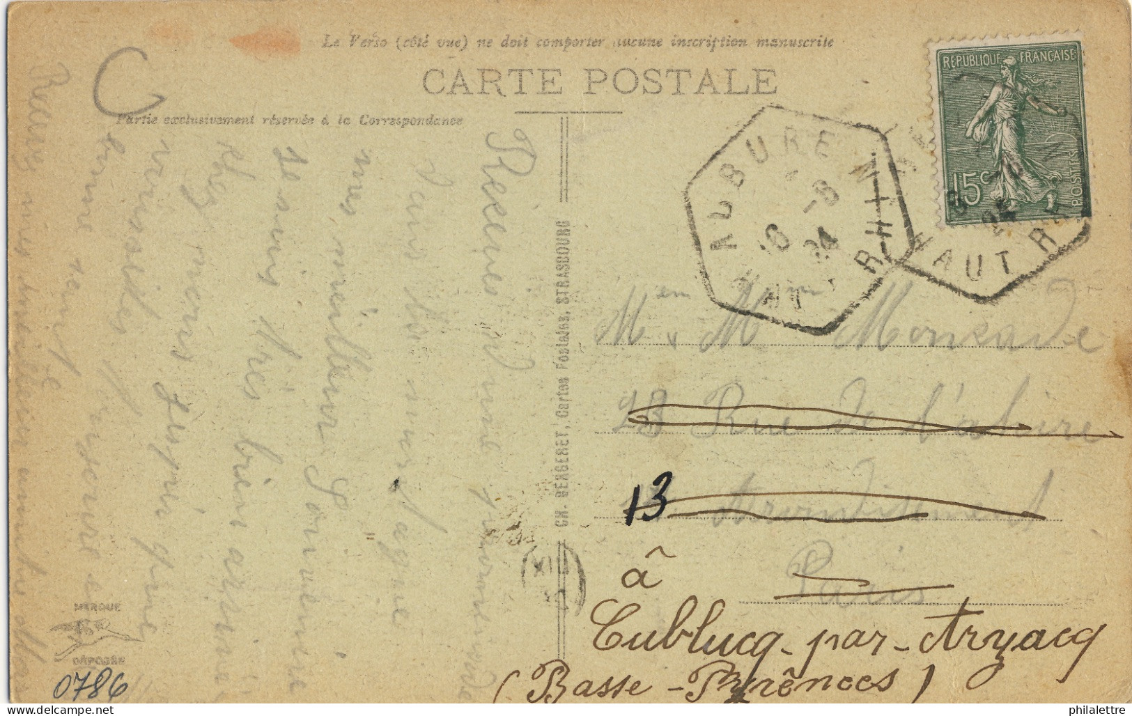 FRANCE - 1924 - Yv.130 Obl. TàD Agence Postale "AUBURE / HAUT RHIN" Sur CPA PourParis Re-dirigée - 1921-1960: Periodo Moderno