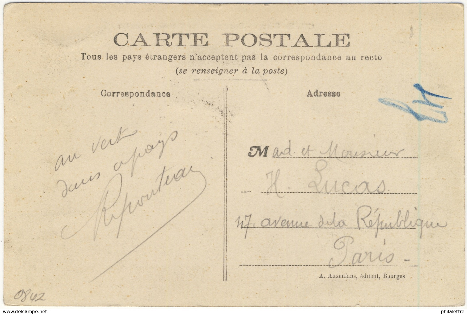 FRANCE - 1910 - Yv.137 Obl. TàD Facteur-Boitier T.1884 De " BANNAY / CHER " Sur CPA Pour Paris - 1877-1920: Periodo Semi Moderno
