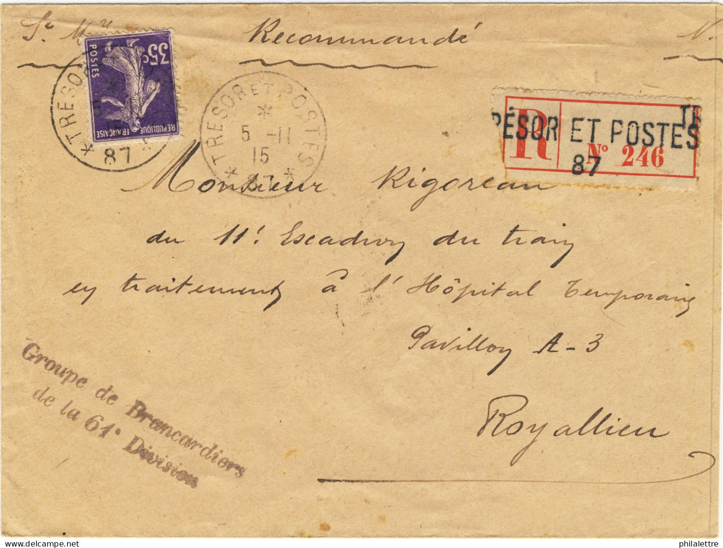 FRANCE - 1915 - LAC Recommandée Affranchie Yv.142 Du Secteur Postal 87 Pour Compiègne (Royallieu) - 1. Weltkrieg 1914-1918