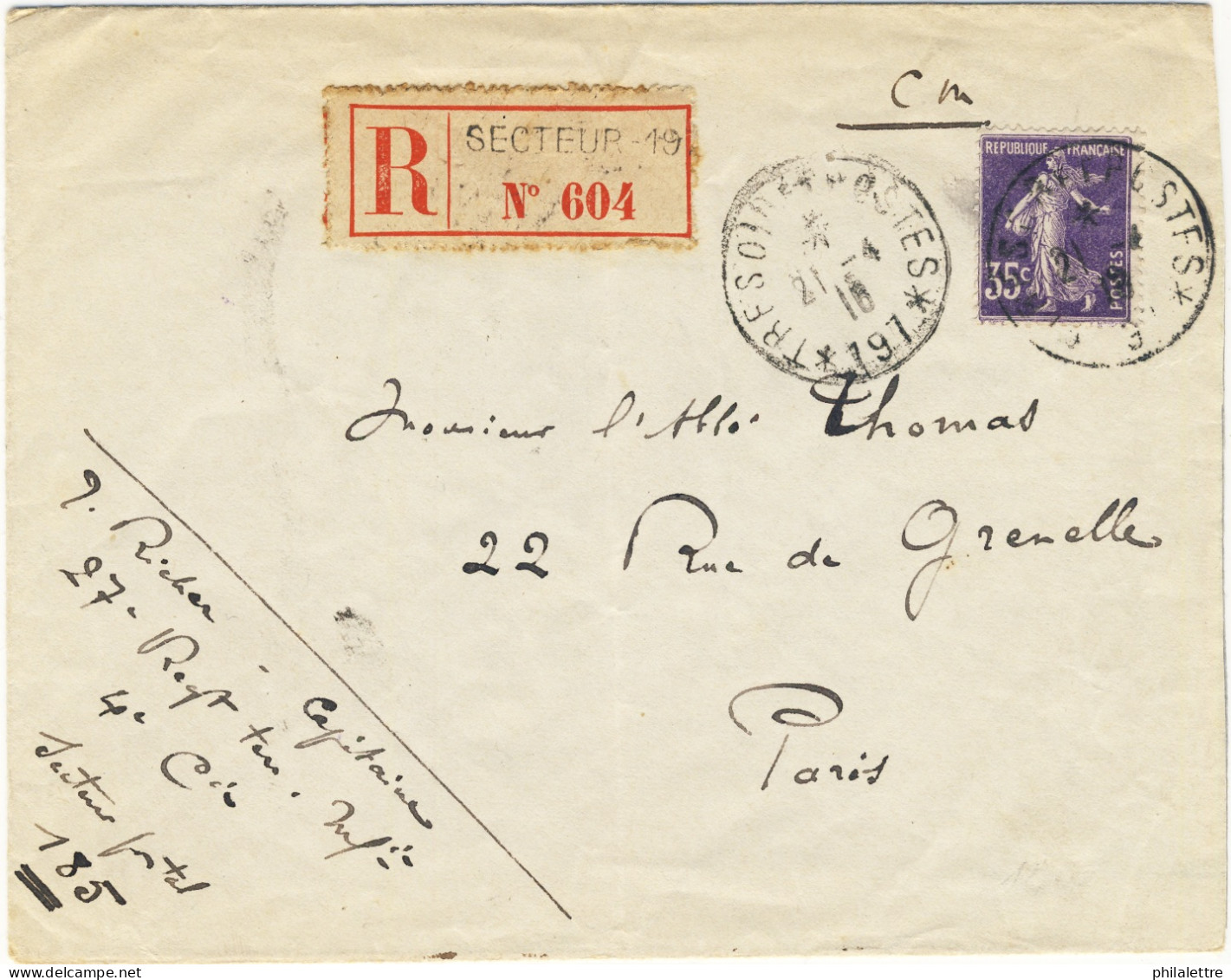 FRANCE - 1915 - LAC Recommandée Affranchie Yv.142 Du Secteur Postal 197 Pour Paris - Oorlog 1914-18