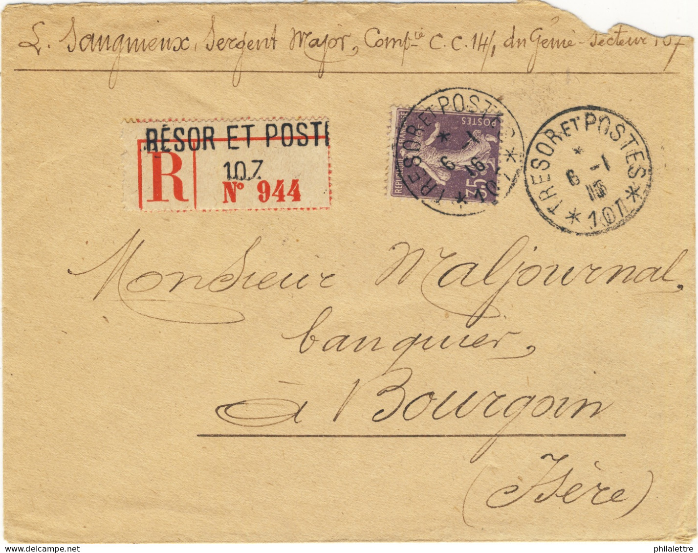 FRANCE - 1915 - LAC Recommandée Affranchie Yv.136 35c Chiffres Maigres Usage Tardif Du Secteur Postal 107 Pour Bourgoin - Guerra Del 1914-18