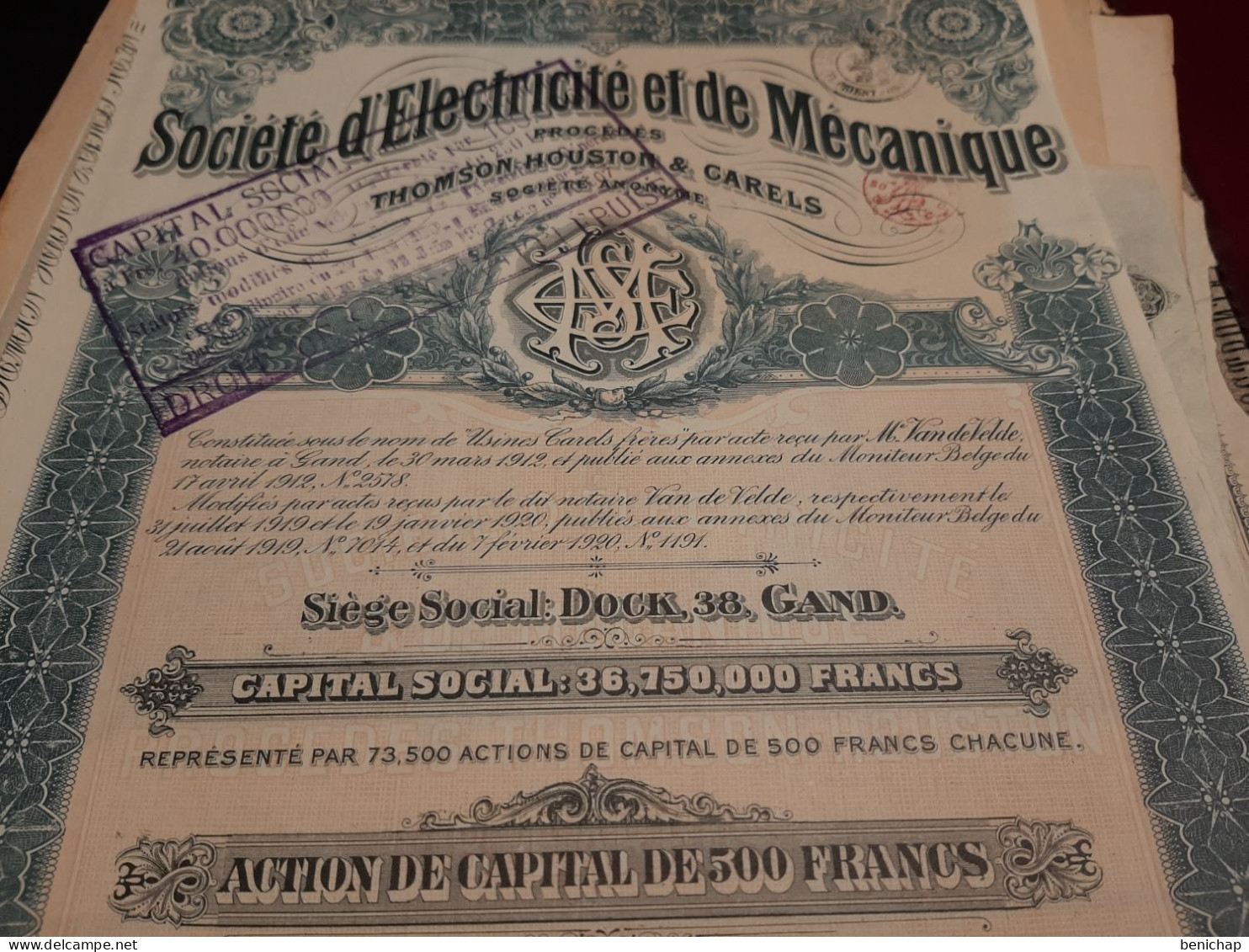 Société D'Electricité Et De Mécanique Procédés Thomson Houston & Carels - Action De Capital De 500 Frs - Gand  Fév. 1920 - Electricité & Gaz