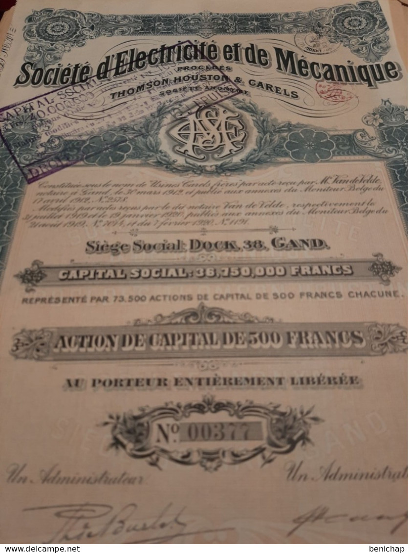 Société D'Electricité Et De Mécanique Procédés Thomson Houston & Carels - Action De Capital De 500 Frs - Gand  Fév. 1920 - Elektriciteit En Gas