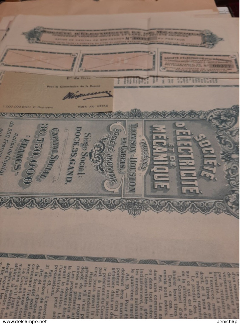 Société D'Electricité Et De Mécanique Procédés Thomson Houston & Carels - Action De Capital De 500 Frs - Gand  Fév. 1920 - Elektriciteit En Gas