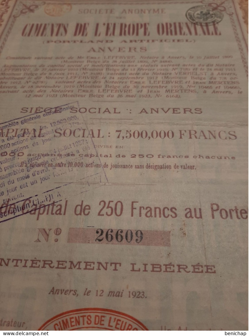 S.A. Des Ciments De L'Europe Orientale - Portland Artificiel - Action De Capital De 250 Frs - Anvers 12 Mai 1923. - Industrie