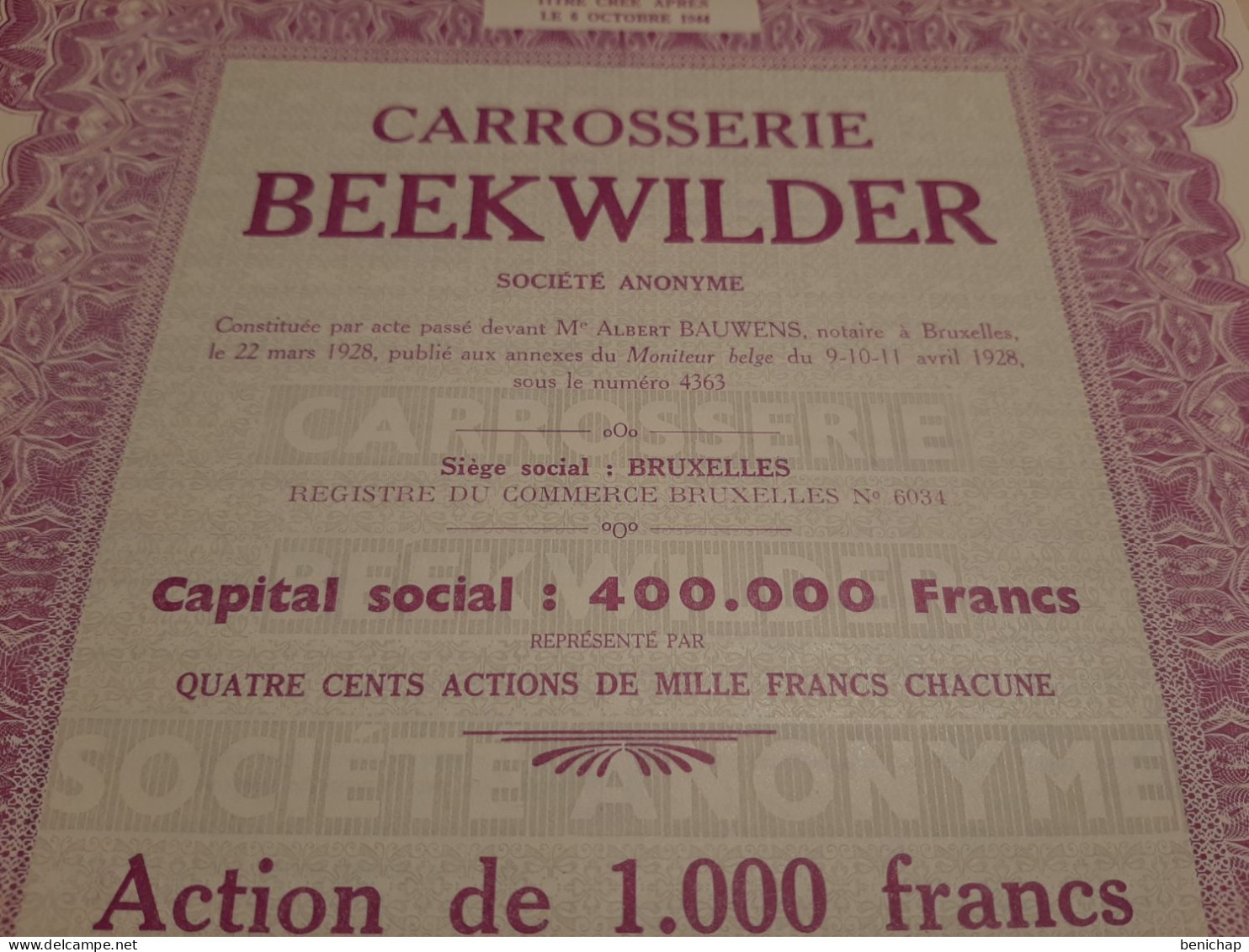 Carrosserie Beekwilder S.A. - Action De 1000 FRS. Au Porteur - Bruxelles 6 Octobre 1944. - Automovilismo