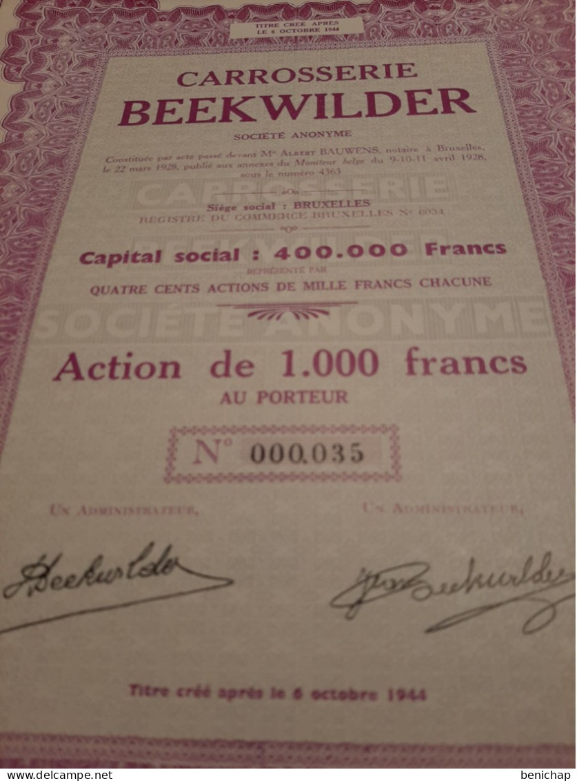 Carrosserie Beekwilder S.A. - Action De 1000 FRS. Au Porteur - Bruxelles 6 Octobre 1944. - Cars