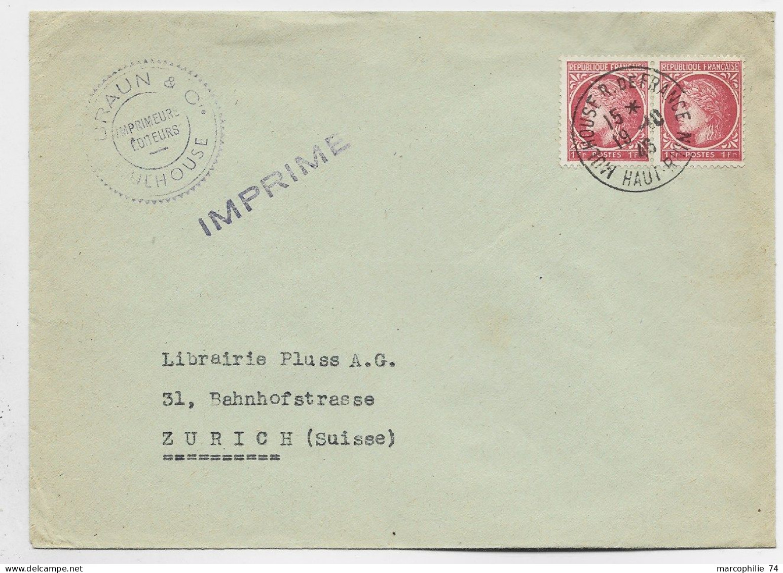 FRANCE MAZELIN 1FR PAIRE LETTRE MULHOUSE 19.10.1946 POUR SUISSE  AU TARIF IMPRIME - 1945-47 Ceres (Mazelin)