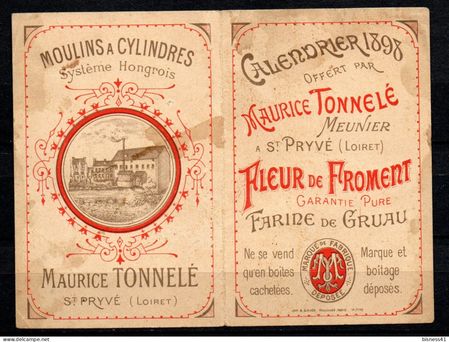 Col34 France Calendrier De 1898 Meunier Farine Moulin Froment - Formato Piccolo : ...-1900