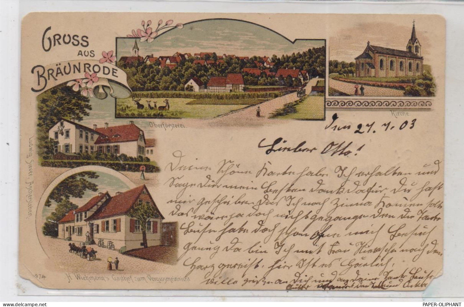 0-4271 ARNSTEIN - BRÄUNRODE, Lithographie, Gasthof, Oberförsterei, Kirche, ... Deutliche Eckmängel - Sangerhausen