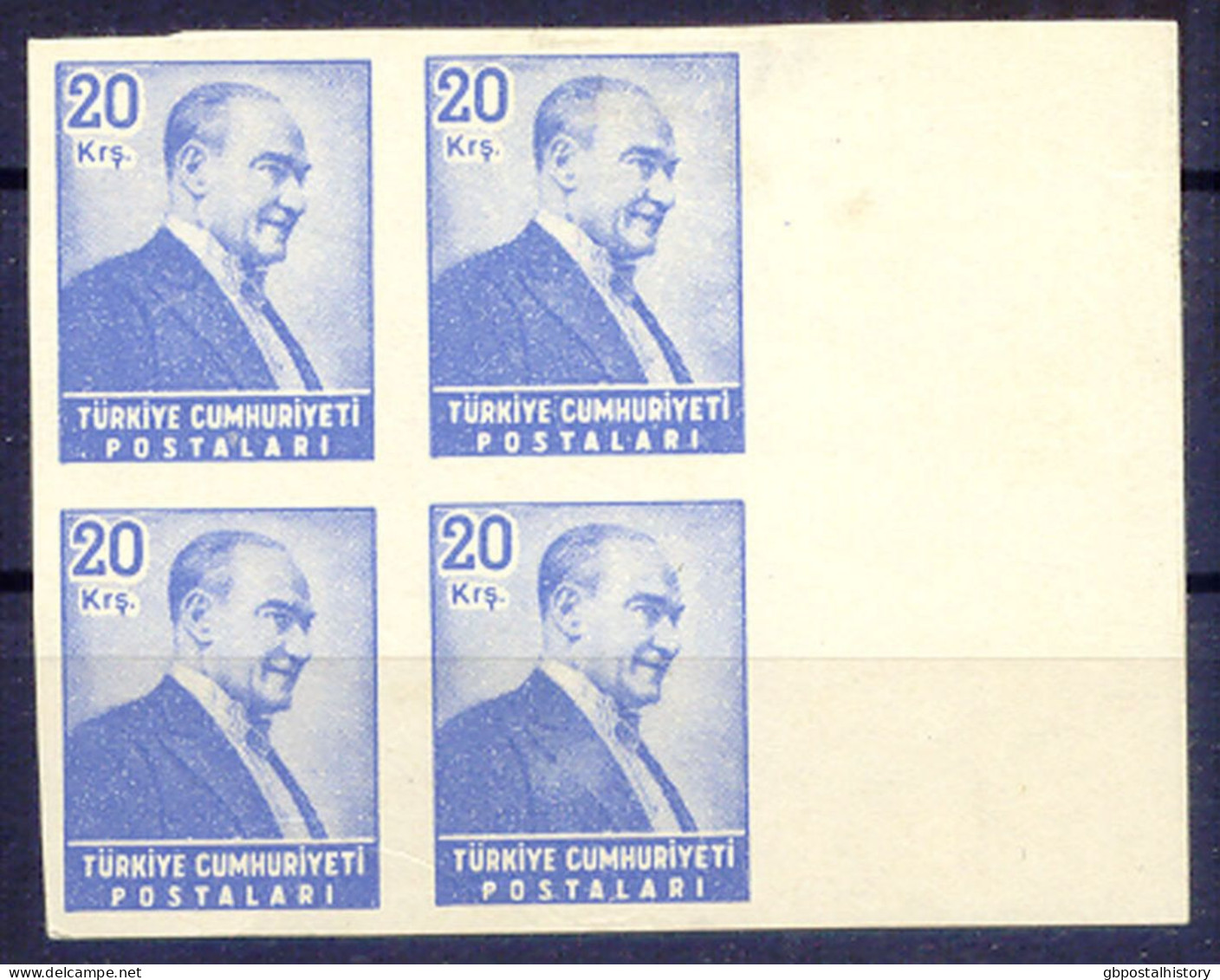 TÜRKEI 1955, Atatürk 20 K. Lebhaftultramarin Pra.-Viererblock Vom Rechter Rand, Eine Marke Ungebr, Rest Postfr., ABARTEN - Unused Stamps